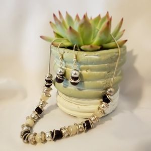 Eggplant, Cream, & Silver Bead Necklace w/Earrings